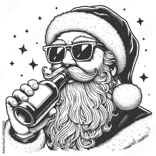 Santa Claus wearing sunglasses and drinking beer from a bottle festive character sketch engraving generative ai vector illustration. Scratch board imitation. Black and white image.