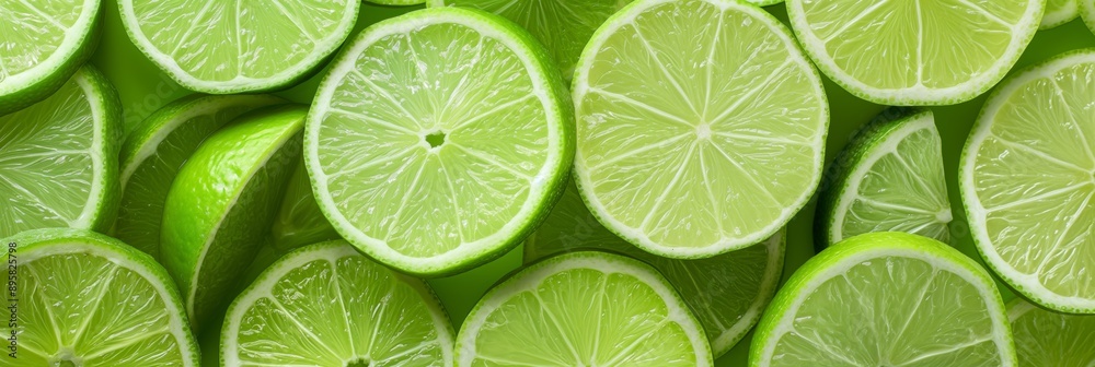 A close up of green limes with the word lime on the top left. The limes are sliced and arranged in a pattern A close up of green limes with the word lime on the top left. The limes are sliced and arranged in a pattern