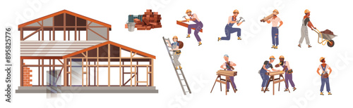 Man and Woman Builder and Industrial Worker in Helmet Vector Set