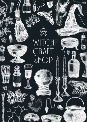 Witch party invitation design. Minimalist witchcraft frame, banner, flyer. Vinatge Halloween sketches. Hand-drawn vector illustration. NOT AI generated