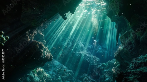 Sunbeams pierce through a serene underwater cave creating a beautiful and tranquil scene. Light filters through the water revealing rocks and marine life. © Alex