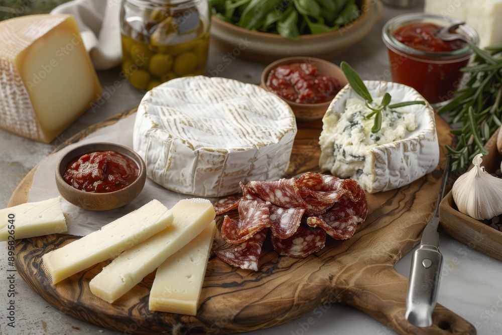 A wooden board packed with an assortment of cheeses, salami, and several condiments such as tomato dips, pickled vegetables, and herbs, perfect for a casual or festive gathering. A wooden board packed with an assortment of cheeses, salami, and several condiments such as tomato dips, pickled vegetables, and herbs, perfect for a casual or festive gathering.