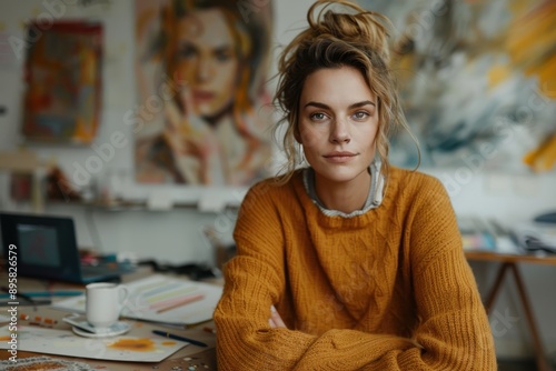 A female artist in her cozy studio, surrounded by her paintings and art supplies, looking thoughtfully at her work-in-progress, representing creativity and passion for art. photo