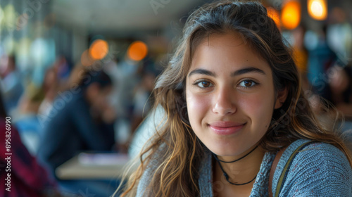 Portrait of a cheerful girl with long hair, smiling in a vibrant, lively setting with a blurred background.