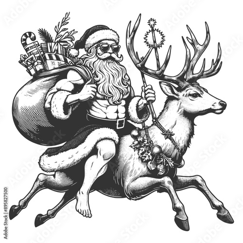 muscular Santa Claus in sunglasses, riding reindeer, and carrying a sack of gifts sketch engraving generative ai fictional character vector illustration. Scratch board imitation. Black and white image