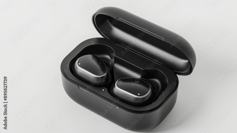 A set of wireless Bluetooth headphones in a charging case, isolated on a white background. 3D rendering of accessories designed for listening to music or remote work from home. A set of wireless Bluetooth headphones in a charging case, isolated on a white background. 3D rendering of accessories designed for listening to music or remote work from home.
