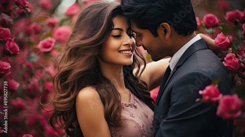 a cute beautiful asian indian couple cuddling hugging and kissing each other on a romantic day at valentines day 14th february during wedding. wallpaper . 