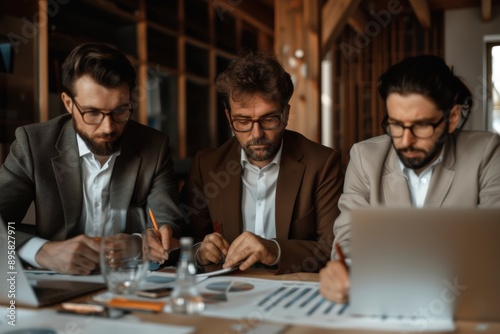 Three serious men dressed in suits are intensely analyzing documents together in an office setting. They are deeply focused on discussing numbers and charts laid on the table.