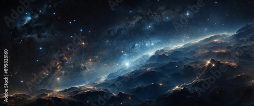 Starry sky above dramatic mountain range on alien planet