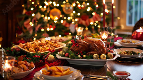 Festive Christmas dinner table with roasted turkey, candles, and holiday decorations, creating a warm and joyful atmosphere.