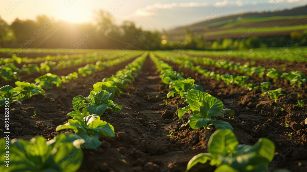 Rows of green vegetable plants growing in a fertile field during sunrise, with a scenic rural landscape in the background. Rows of green vegetable plants growing in a fertile field during sunrise, with a scenic rural landscape in the background.