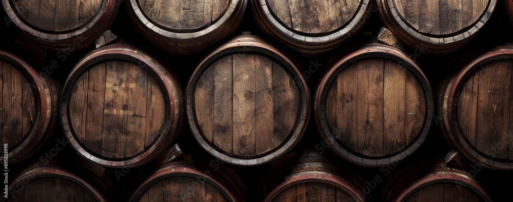 Old wooden whiskey, scotch, wine barrels stack in a warehouse. Old wooden whiskey, scotch, wine barrels stack in a warehouse.