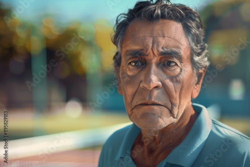 A thoughtful elderly man stands on a tennis court, his expression suggesting deep thoughts or introspection, surrounded by a sports setting that adds to the narrative.