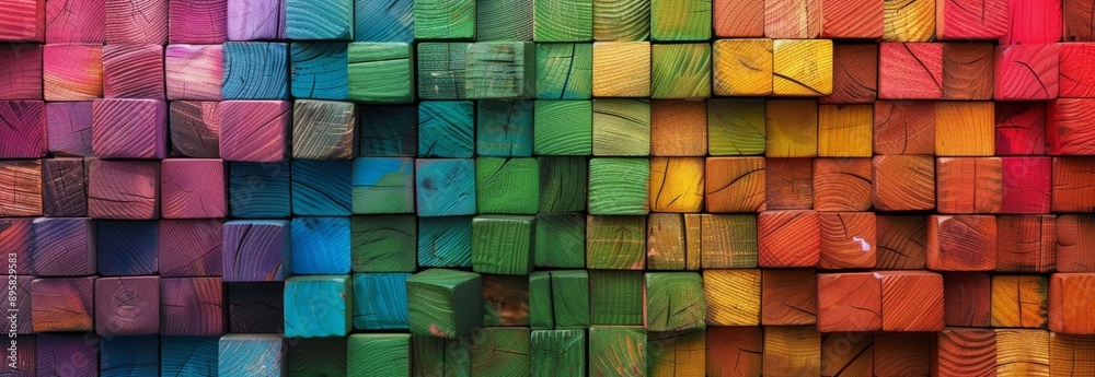 Colorful wooden cubes are arranged in an intricate pattern Colorful wooden cubes are arranged in an intricate pattern