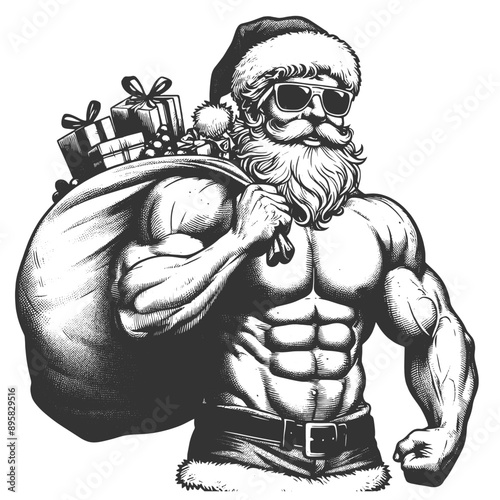 muscular Santa Claus athlete in sunglasses, flexing, and carrying a sack of gifts sketch engraving generative ai fictional character vector illustration. Scratch board imitation. Black and white image