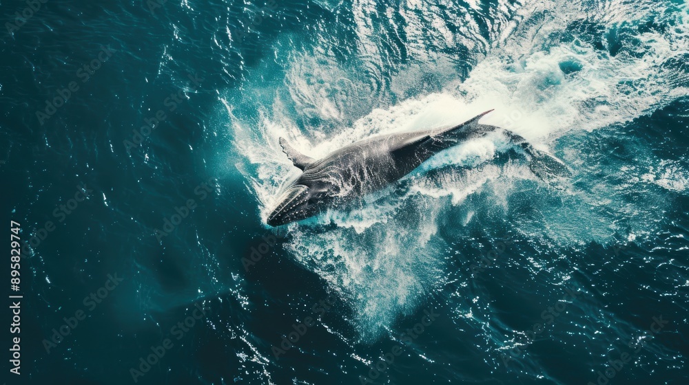 Fototapeta premium Aerial view of a humpback whale swimming at the surface of deep blue ocean water