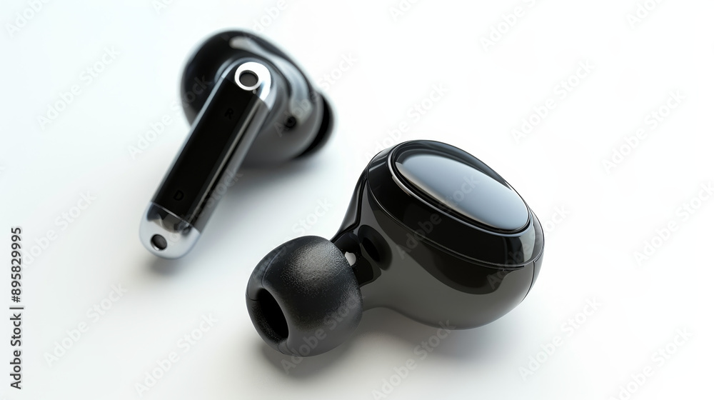 White earphones on a light background, viewed from the side. 3D rendering. White earphones on a light background, viewed from the side. 3D rendering.