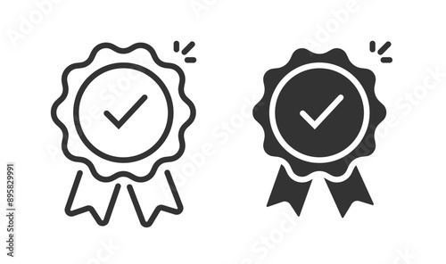 Quality medal icon line outline stroke graphic vector, simple accredited certificate solid glyph black white symbol, guarantee badge seal stamp sign set, satisfaction rosette pictogram award image