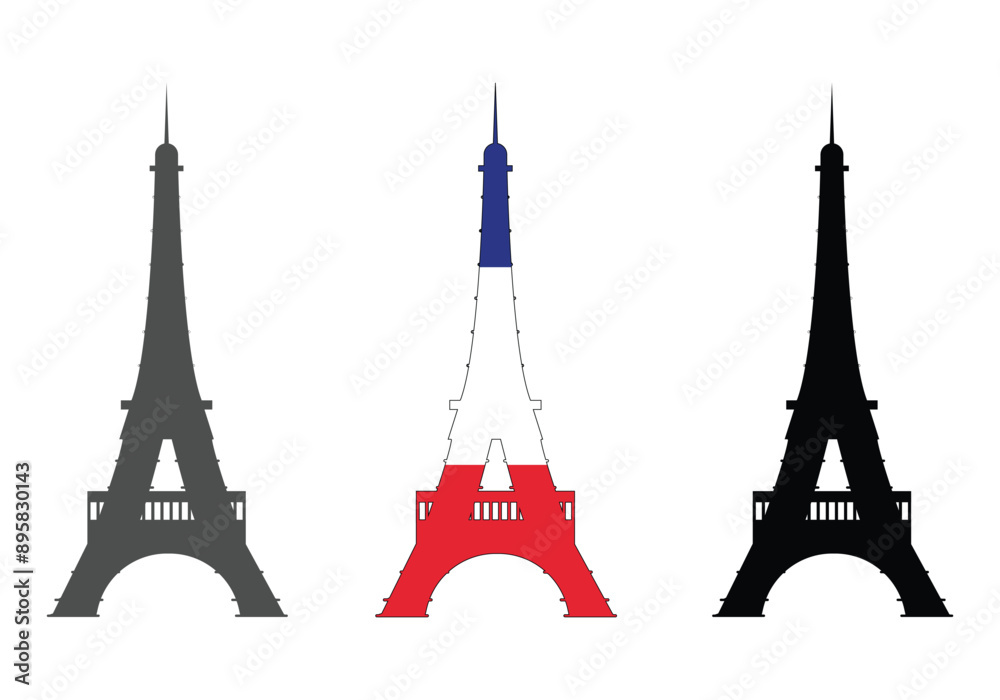 Obraz premium Eiffel tower vector illustration black silhouette, eiffel tower with france flag colors 