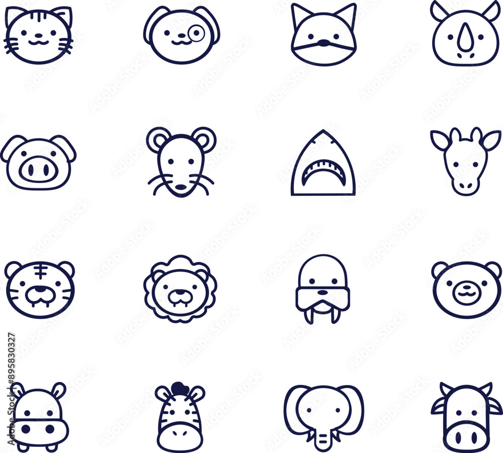 a set of different animals and animals with faces, animal icons, cat, tiger, dog, shark, elephant, lion, giraffe, hippo, pig, bear a set of different animals and animals with faces, animal icons, cat, tiger, dog, shark, elephant, lion, giraffe, hippo, pig, bear