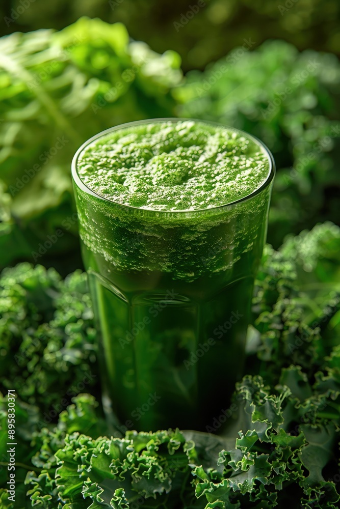 Fresh Green Smoothie in a Glass Surrounded by Kale and Lettuce Leaves, Healthy Detox Drink, Organic Vegan Beverage, Nutrient-Rich Juice, Natural Ingredients, Refreshing and Energizing Fresh Green Smoothie in a Glass Surrounded by Kale and Lettuce Leaves, Healthy Detox Drink, Organic Vegan Beverage, Nutrient-Rich Juice, Natural Ingredients, Refreshing and Energizing