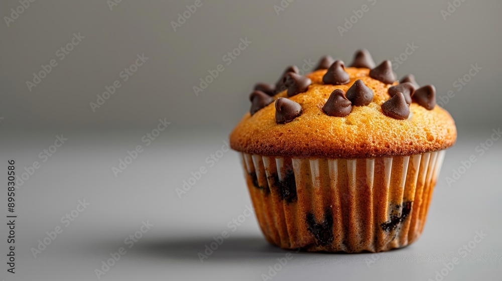 Delicious Chocolate Chip Muffin on a Gray Background - Perfect for Bakery, Dessert, and Food Photography Delicious Chocolate Chip Muffin on a Gray Background - Perfect for Bakery, Dessert, and Food Photography