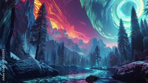 A breathtaking landscape featuring a flowing river that glows under a spectacular, vividly colored sky, with towering trees and mountains framing the scene, creating a sense of divinity.