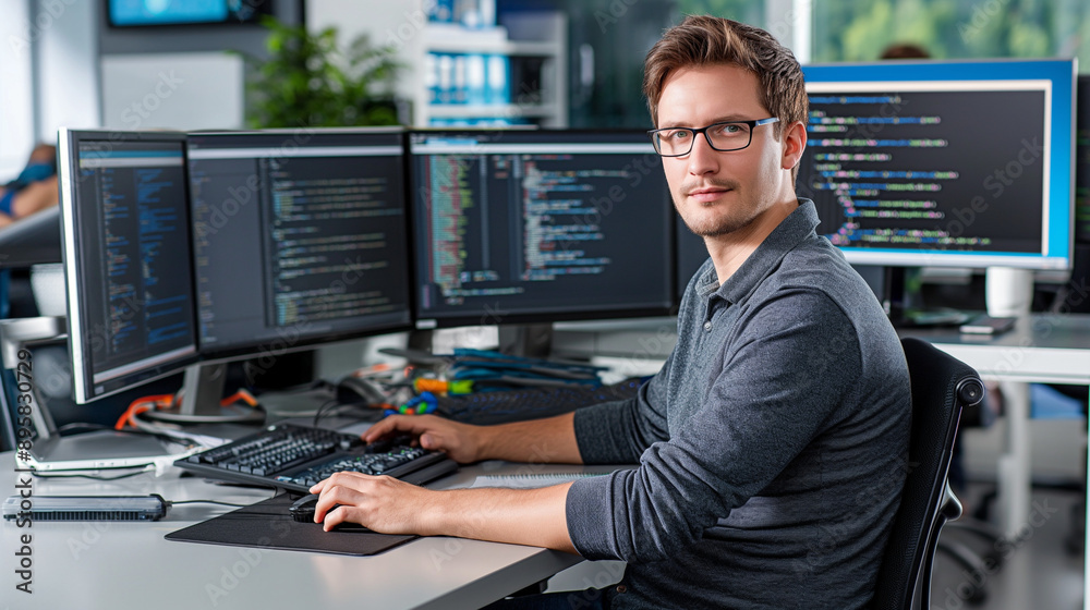 Software developer working on multiple screens in modern office Software developer working on multiple screens in modern office