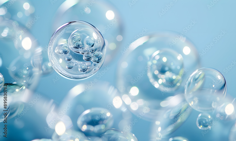 oil bubbles floating against a light background. The bubbles are semi-transparent with a reflective quality oil bubbles floating against a light background. The bubbles are semi-transparent with a reflective quality