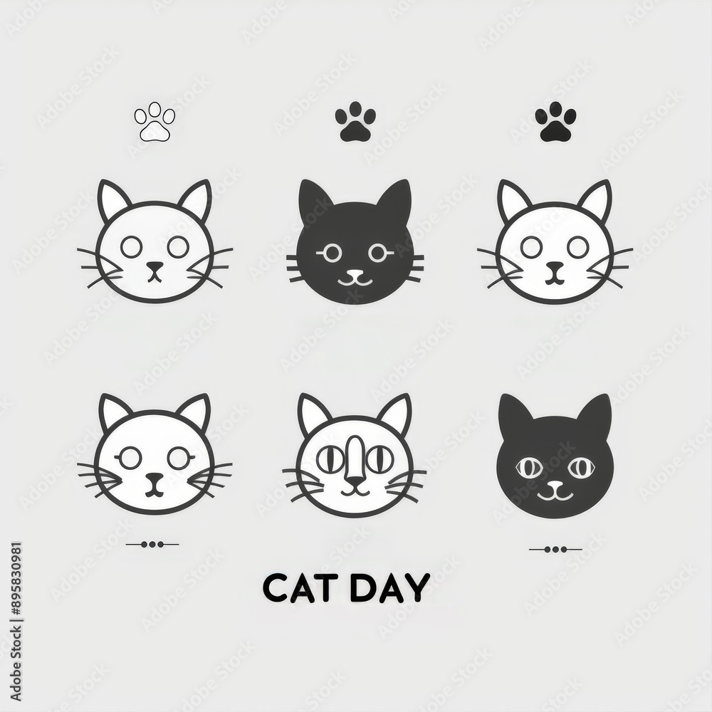 Cat Faces and Paw Prints Icons for Cat Day Cat Faces and Paw Prints Icons for Cat Day
