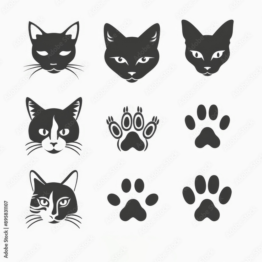 Black Cat Faces and Paw Prints on White Background Black Cat Faces and Paw Prints on White Background