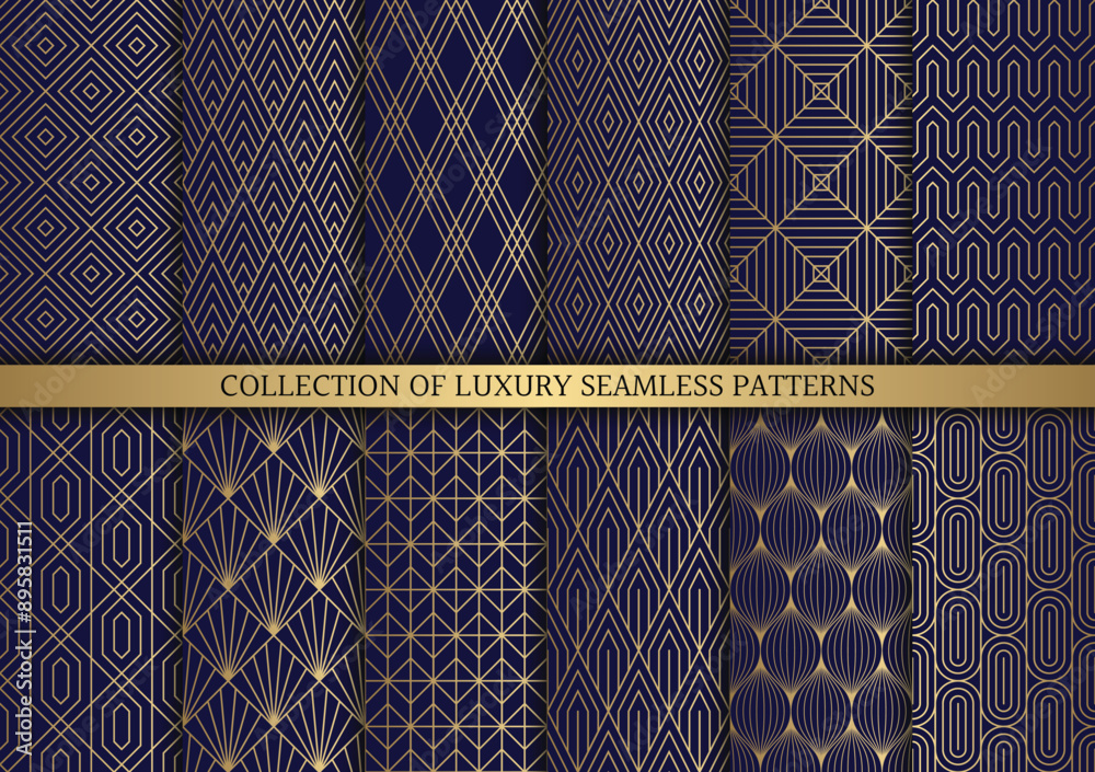 Luxury art deco seamless geometric patterns with gold grid line vector.	