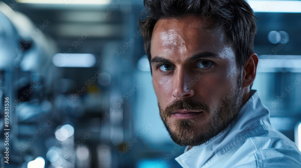 A focused engineer looks intently at the camera, surrounded by machinery in a modern industrial setting. A focused engineer looks intently at the camera, surrounded by machinery in a modern industrial setting.