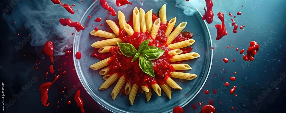 Creative presentation of penne pasta with tomato sauce and basil, arranged in a circular pattern on a plate, surrounded by splashes of sauce. Creative presentation of penne pasta with tomato sauce and basil, arranged in a circular pattern on a plate, surrounded by splashes of sauce.