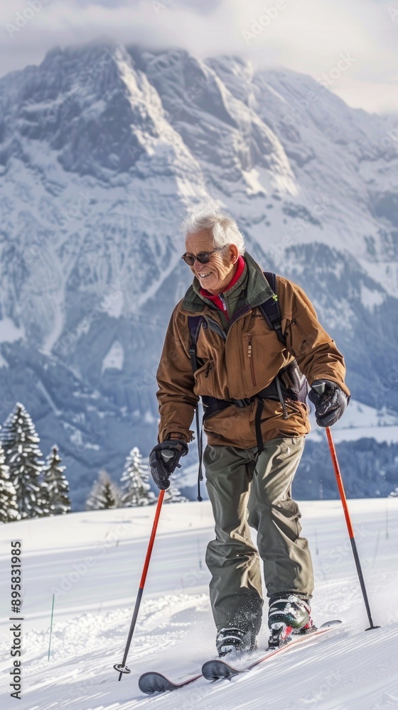 Elderly man skiing joyfully on snowy slope with brown jacket, backpack, and sunglasses. Beautiful snow-capped mountain and sunny weather enhance scene.