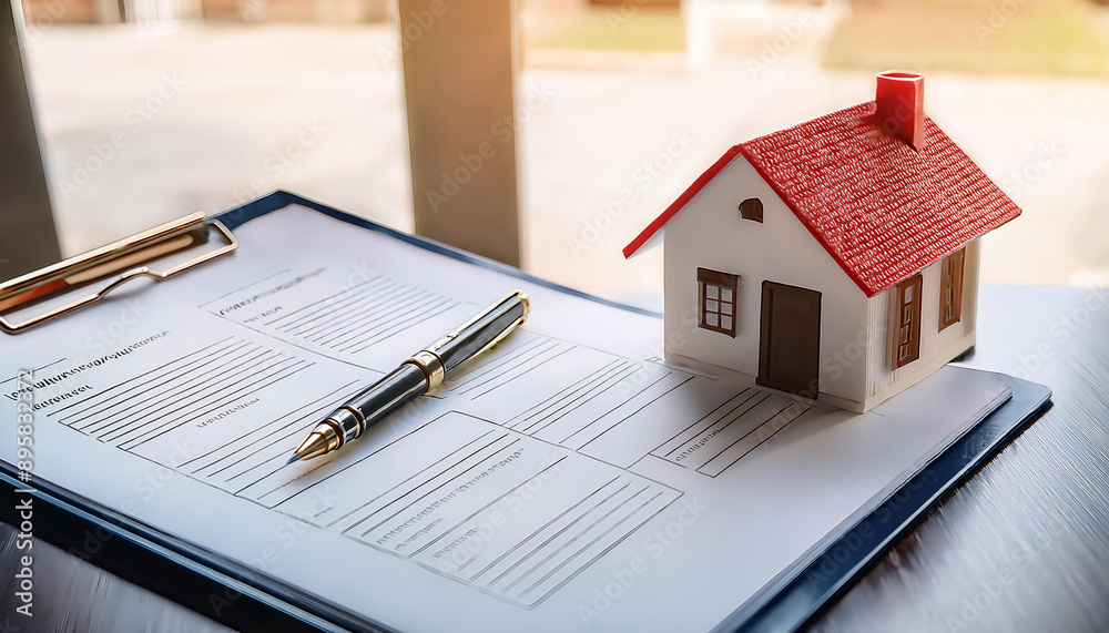 Real Estate Concept with House Model and Documents Real Estate Concept with House Model and Documents