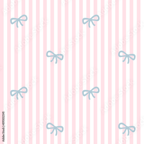 Preppy bow seamless pattern on vertically striped background. Vector cute cartoon hand drawn illustration. Ideal for textile printing, baby clothes, wallpaper, packaging, notebooks, scrapbooking