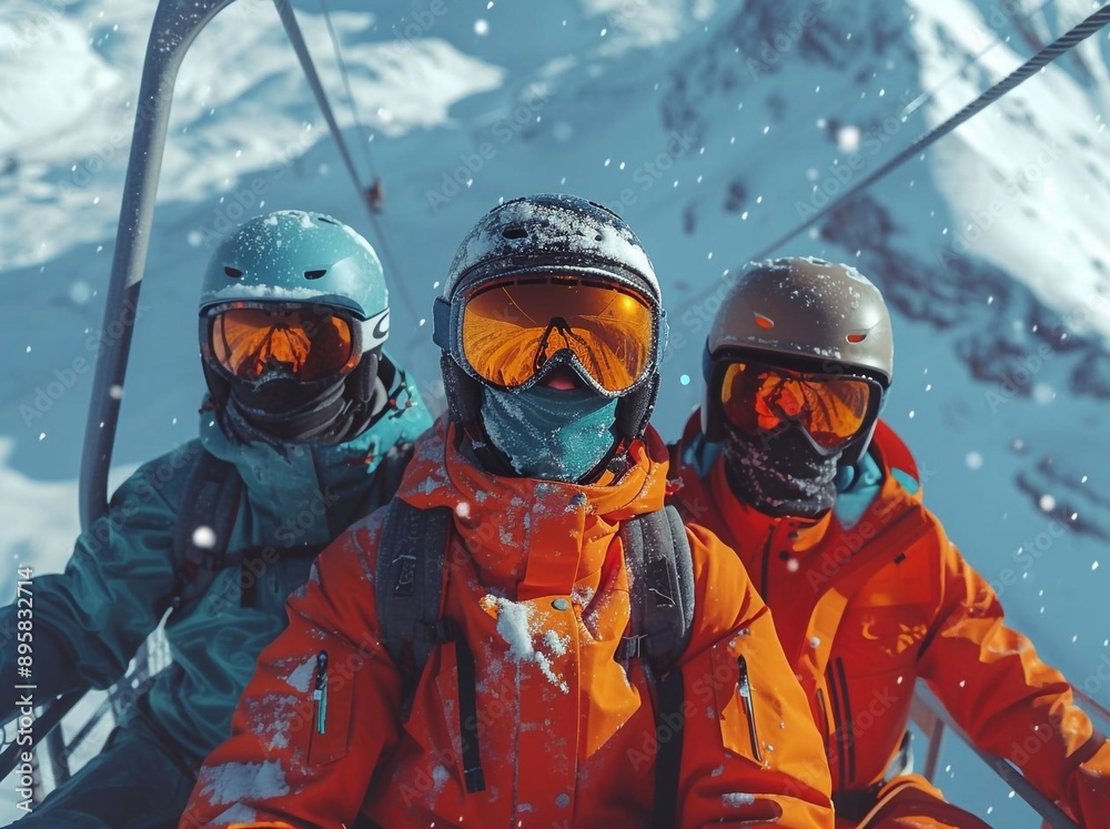 Concept travel ski resort with group of friends. Team winter sports skiers and snowboarders with sunset. Concept travel ski resort with group of friends. Team winter sports skiers and snowboarders with sunset.
