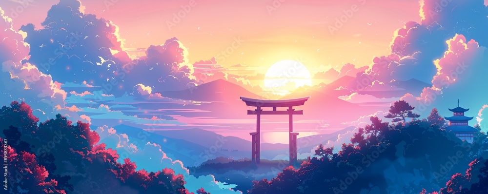 Fototapeta premium Sunset view of a Japanese cultural site with temples and a Torii gate the sky glowing with warm colors captured in dynamic anime style with rich hues and serene atmosphere