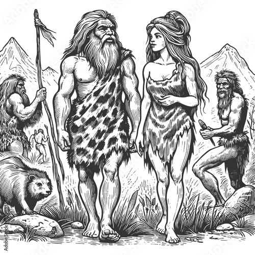 prehistoric cavemen and cavewoman in natural setting. Historical and primal scene sketch engraving generative ai fictional character vector illustration. Scratch board imitation. Black and white image