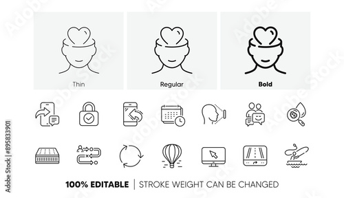 Internet, Boat fishing and Incoming call line icons. Pack of Gps, Security lock, Water analysis icon. Mental health, Calendar, Communication pictogram. Face id, Air balloon, Journey path. Vector