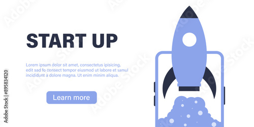 Blue rocket launching from smartphone screen start up.