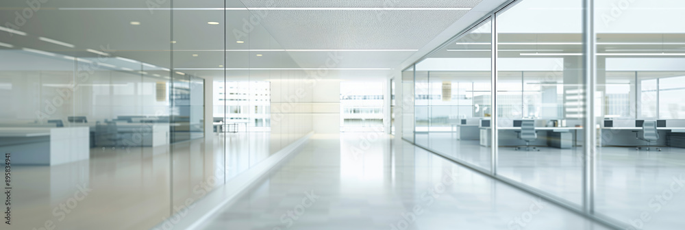 A modern bright office hallway with glass walls and a white floor. A large open office space. Blurred background, banner A modern bright office hallway with glass walls and a white floor. A large open office space. Blurred background, banner