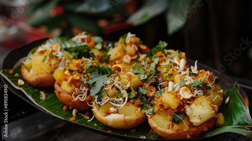 Shev Batata Puri Chaat Aloo Puri Chaat Traditional Indian Street Food Served on Banana Leaf photo