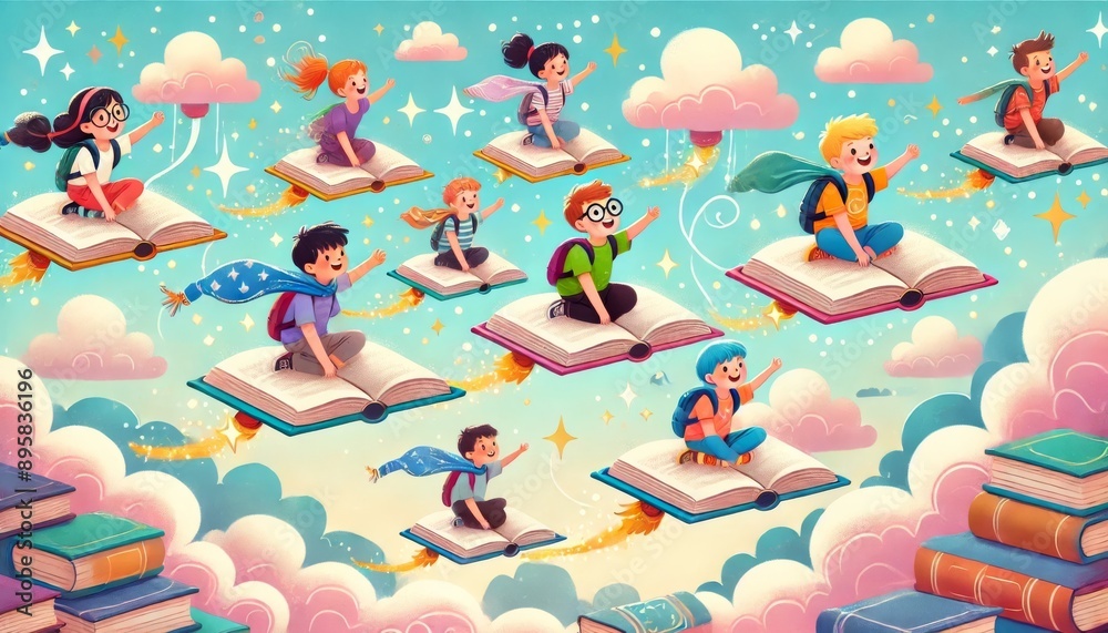 Obraz premium Vibrant illustration of children flying on books through a magical sky, perfect for back-to-school themes. Highlights the excitement and joy of learning and new adventures