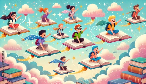 Vibrant illustration of children flying on books through a magical sky, perfect for back-to-school themes. Highlights the excitement and joy of learning and new adventures