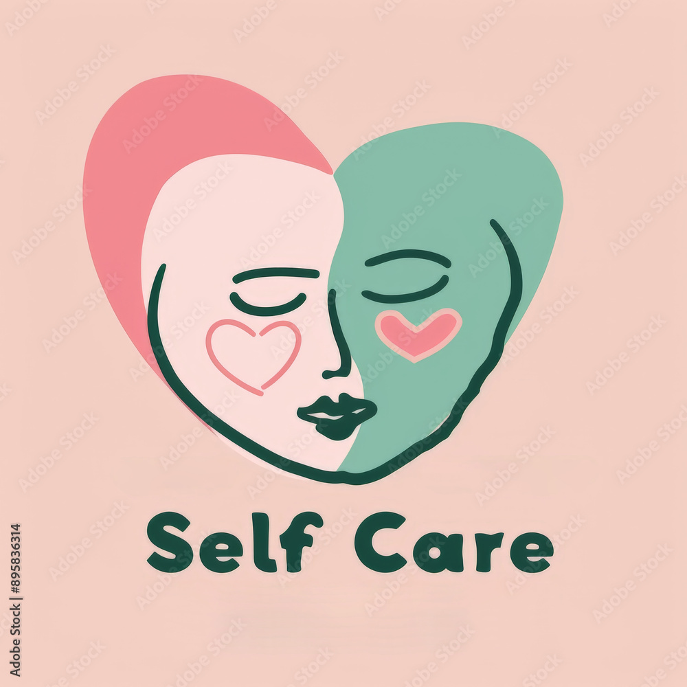 Self Care Illustration with Two Faces in Heart Shape Self Care Illustration with Two Faces in Heart Shape