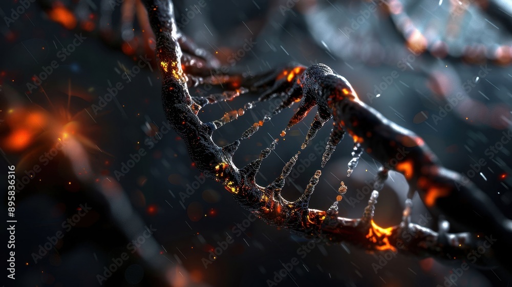 Fototapeta premium A close up of a DNA strand with a fire burning through it