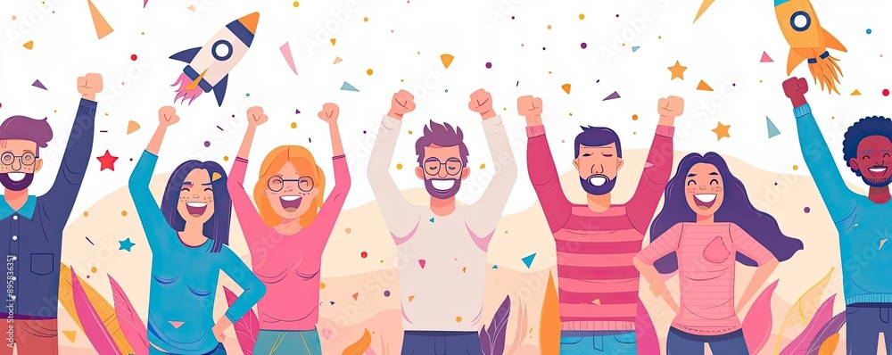 Startup team celebrating a product launch, illustrating the excitement and energy of entrepreneurship Startup team celebrating a product launch, illustrating the excitement and energy of entrepreneurship