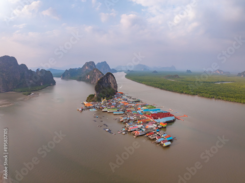 Aerial view of Panyee island in Phang Nga Thailand,High angle view Floating village, Koh Panyee fishing village island in Phang Nga, Thailand photo